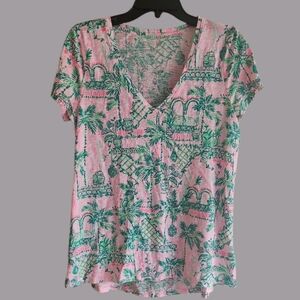 Lilly Pulitzer Etta Pink Green V-Neck Short Sleeve Top Tropical Print